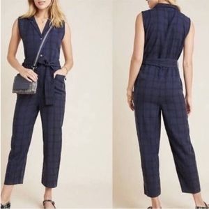 Anthropologie Navy Plaid Jumpsuit